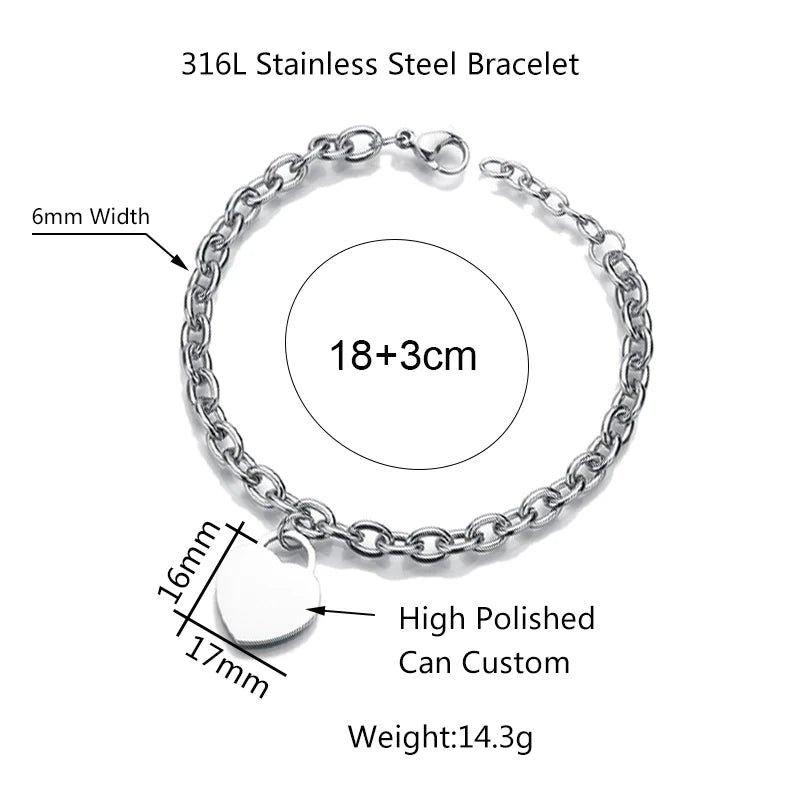 Personalized Engraved Heart Bracelet Custom Name Photo For Women Men