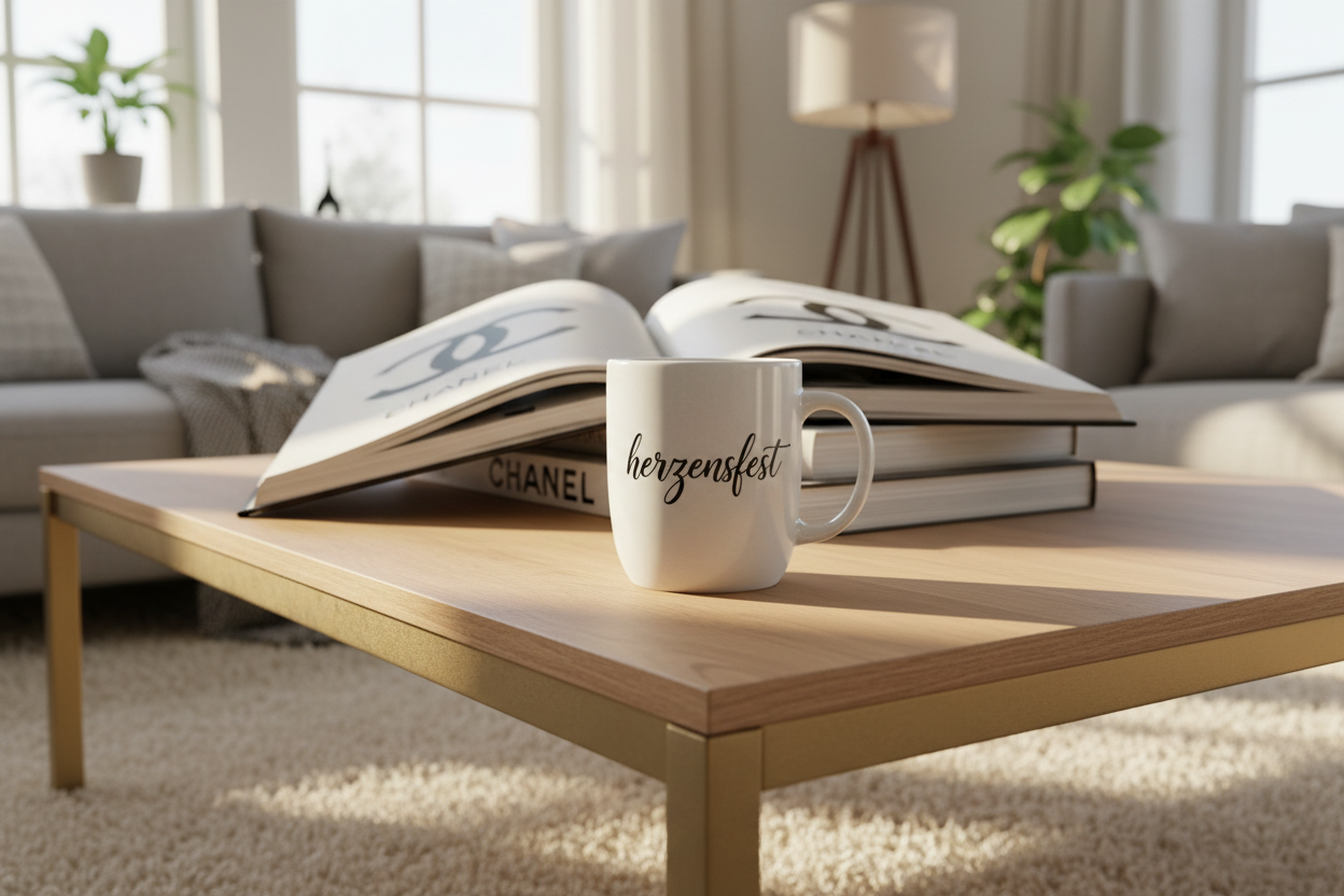 auf ein wohnzimmer tisch mit chanel buch im hinter grund