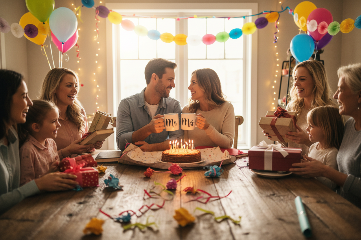 Familie bei Geburtstagsfeier mit Mr und Mrs Tassen